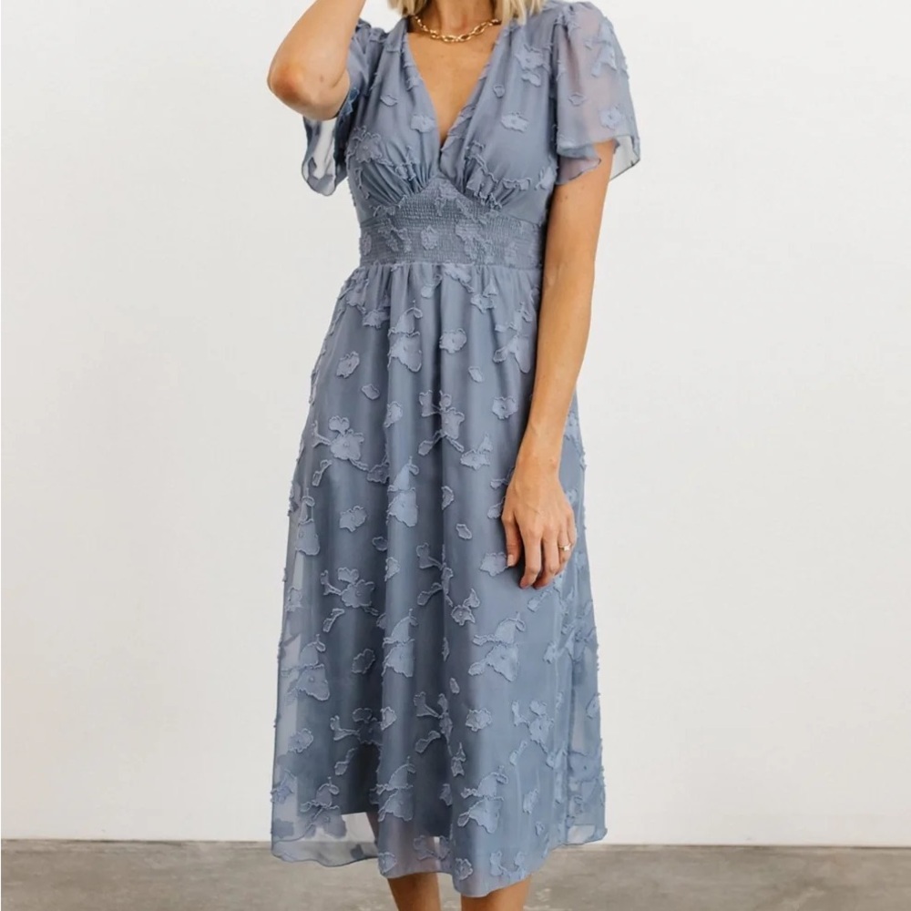 Baltic Born Dusty Blue Embroidered Midi Dress